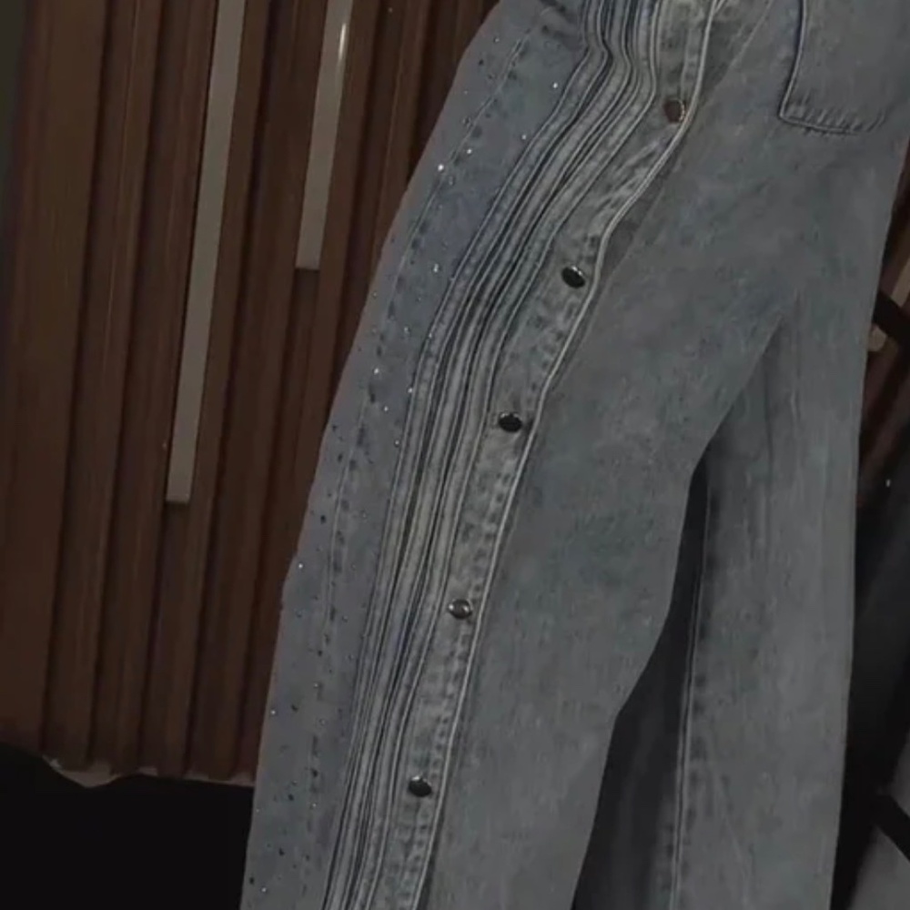 High-Waisted Rhinestone Embellished Side Button Jeans - Picture 2 of 5